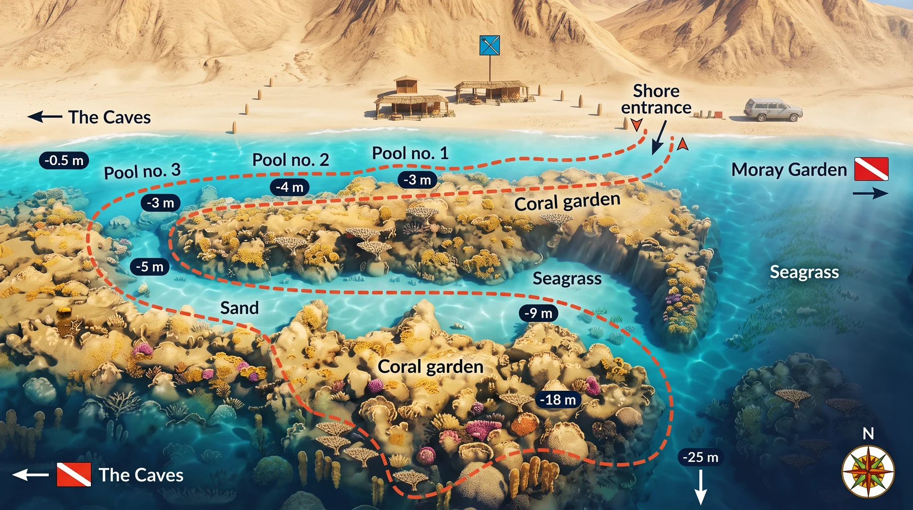 Three Pools dive site map