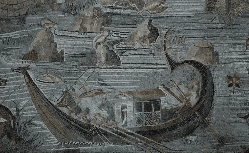 Detail from the Nile mosaic of Palestrina depicting boats much smaller than the pleasure barge discovered off the coast of Alexandria.