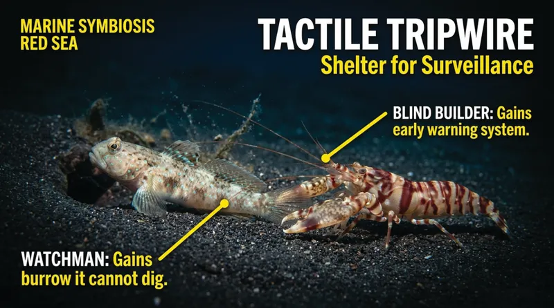 Tiger pistol shrimp and a shrimpgoby at their shared burrow on open sand, the shrimp's antennae resting on the fish that stands watch for it