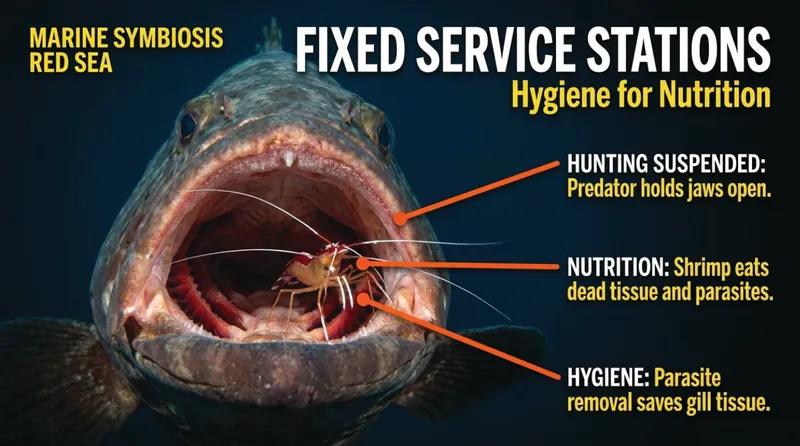 Banded cleaner shrimp working inside a grouper's open jaws at a reef cleaning station, the predator's hunting response suspended