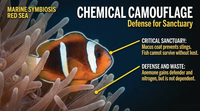 Red Sea clownfish with two white bars sheltering among anemone tentacles, its mucus coat outlined to show what keeps the stinging cells from firing