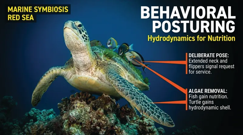 Green sea turtle resting on a coral head with its neck extended and flippers spread while surgeonfishes graze algae from its shell