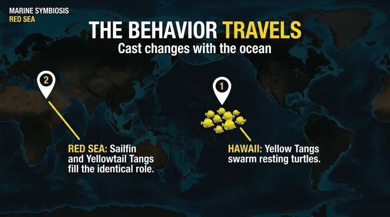 World map marking Hawaii and the Red Sea, where yellow tangs and Red Sea surgeonfishes perform the same turtle-cleaning behavior