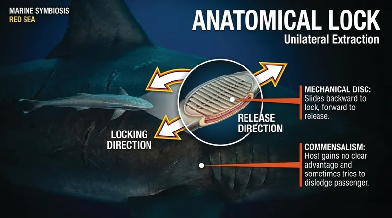 Live sharksucker riding a shark, with a cutaway of the disc on its head showing how it slides backward to lock and forward to release