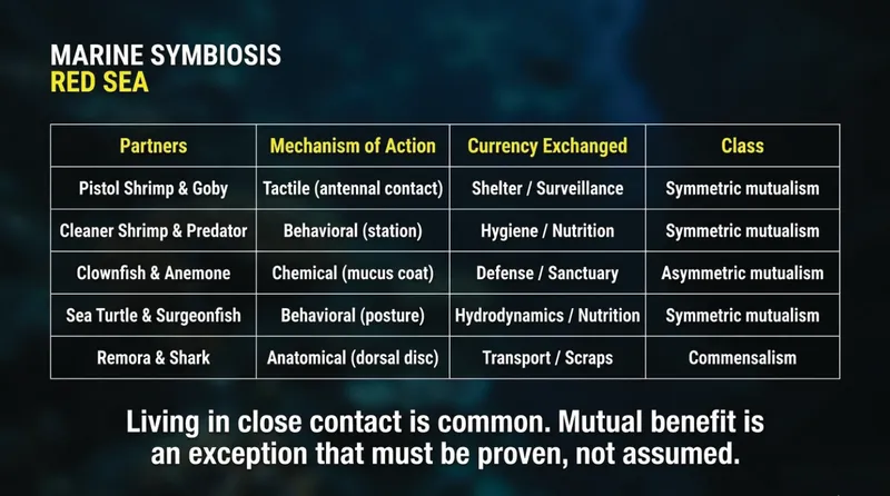 Table of five reef partnerships compared by mechanism and by what each side trades: pistol shrimp and goby, cleaner shrimp and predator, clownfish and anemone, sea turtle and surgeonfish, remora and shark