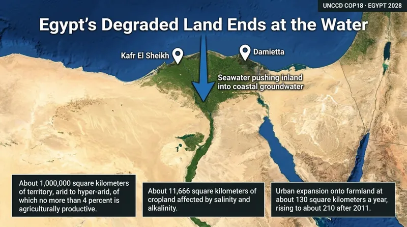Satellite map of Egypt showing seawater pushing inland into Nile Delta groundwater past Kafr El Sheikh and Damietta, with 11,666 square kilometers of cropland salinized